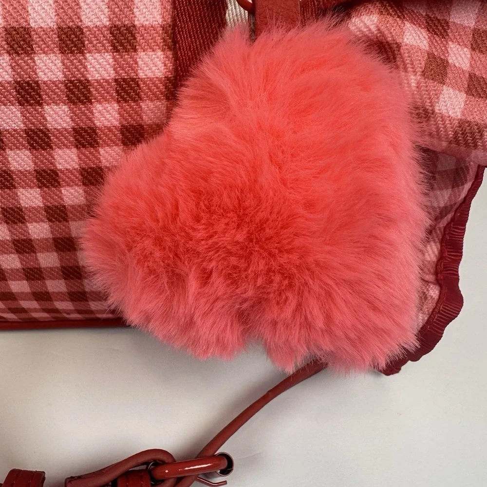 Betsey Johnson Pink Red Gingham LB Ruffle Tote Bag Heart Charm Crossbody NWT